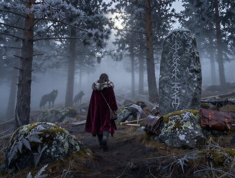 Person walking toward runestone in foggy pine forest clearing