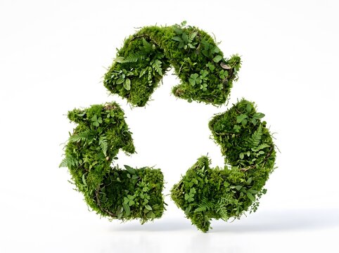A conceptual recycle symbol made of fresh green leaves isolated on a white background representing environmental protection and sustainable living for the planet