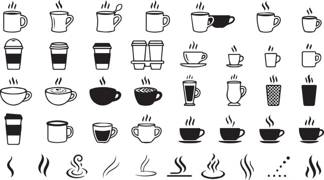 Set of coffee cups and kitchenware icons in black and white. Vector illustration of drinkware, tableware, and dining utensils for commercial design...