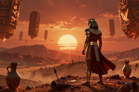 Egyptian warrior overlooking sunset desert with floating obelisks