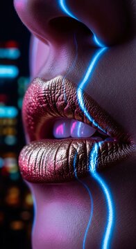 Close-up of metallic lips with blue neon laser light. Futuristic cyberpunk beauty concept with glowing pink and blue illumination. Macro portrait of sensual mouth featuring creative avant-garde makeup