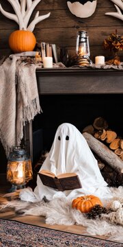 Child dressed as a ghost reading a book by a cozy fireplace with pumpkins and lanterns for a festive Halloween home decoration and holiday theme