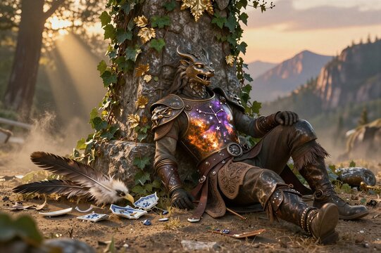 Armored wolf warrior resting against tree in mountain clearing