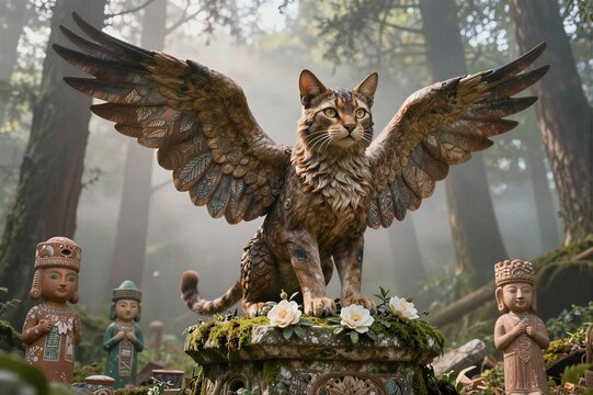 Winged cat statue perched on mossy pedestal in forest