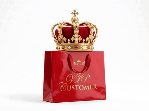 A vibrant red shopping bag adorned with a majestic golden crown sitting on top representing luxury retail experiences and premium customer service concepts