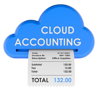 Cloud accounting icon printing invoice receipt for online bookkeeping. 3D rendering