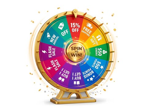 A colorful spinning prize wheel with various discount offers and winning sections isolated on a white background for marketing and retail promotions