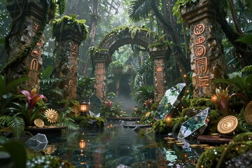 Obraz premium Overgrown stone ruins with pillars and crystals beside pond