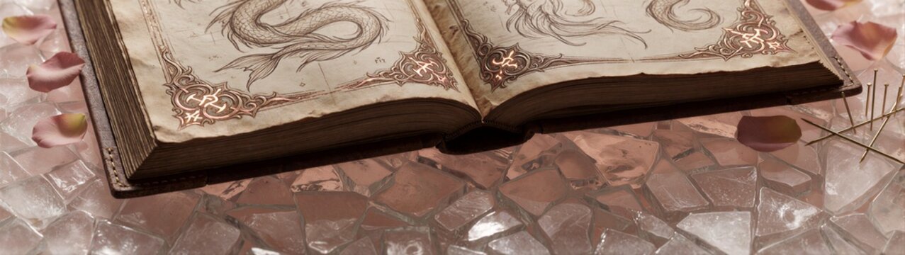 Open antique book displaying dragon illustrations on mosaic tabletop