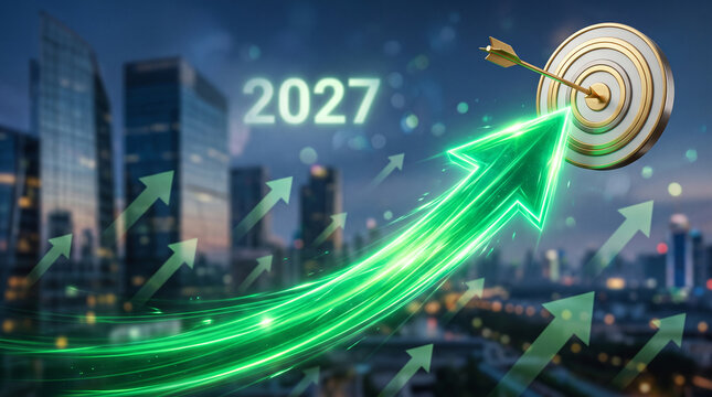 Glowing green arrow streaks ascend towards a target with an arrow, symbolizing future growth and success against a cityscape.