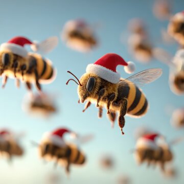 Swarm of cute honey bees wearing festive red Santa Claus hats flying in the air during the Christmas holiday season, soft blue background