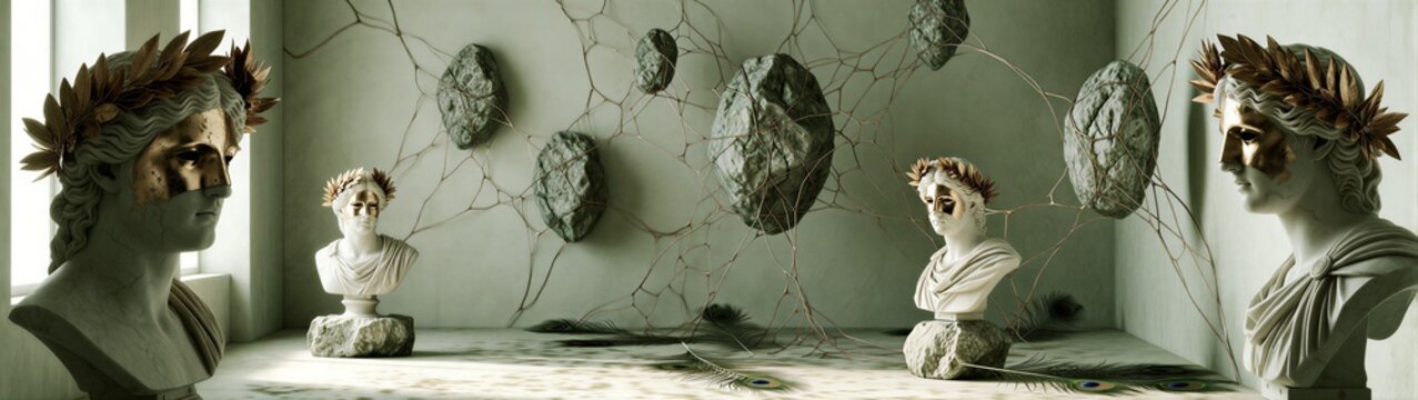 Classical marble busts crumbling against cracked gallery wall
