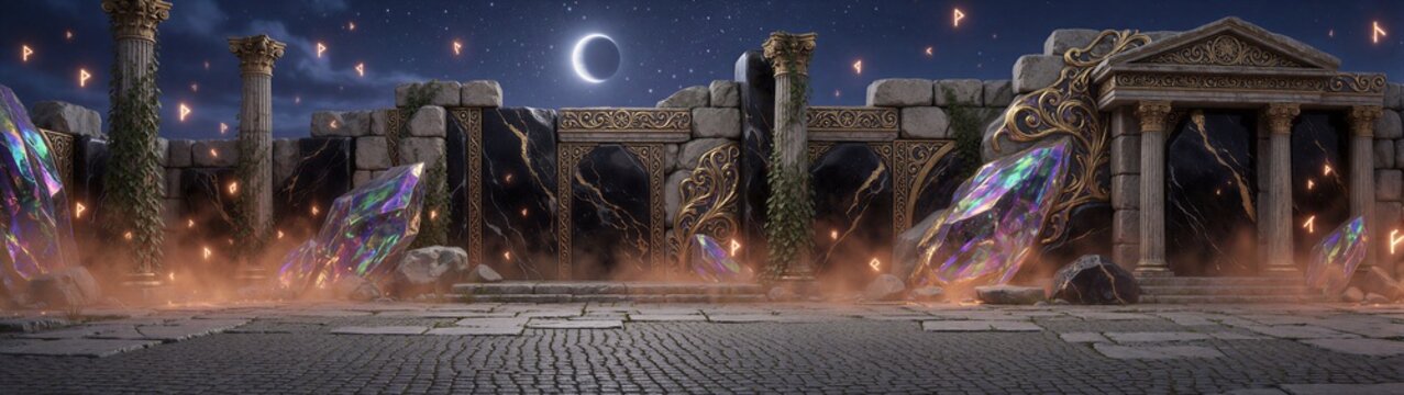 Crumbling ancient ruins with floating crystals under crescent sky