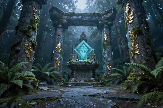 Ancient stone shrine glowing with blue sigil in mossy forest