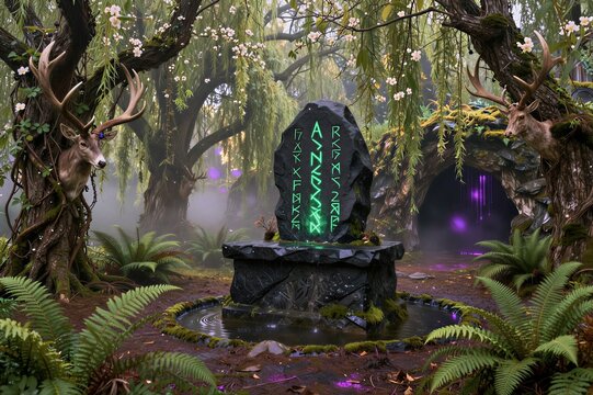 Runic stone altar glowing in enchanted forest clearing