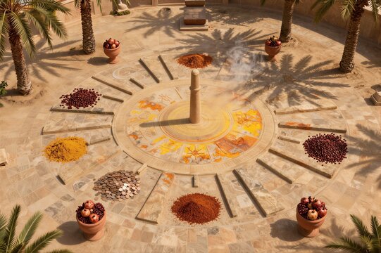 Sundial casting shadow among spice arrangements in courtyard