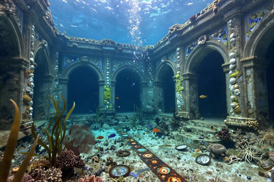 Sunken palace interior with coral and fish on sea floor