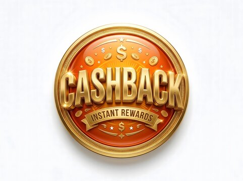 A circular golden badge featuring the word cashback in bold metallic letters isolated on a white background for marketing and financial promotions