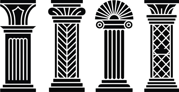Collection of four distinct architectural columns featuring classic decorative elements and geometric patterns