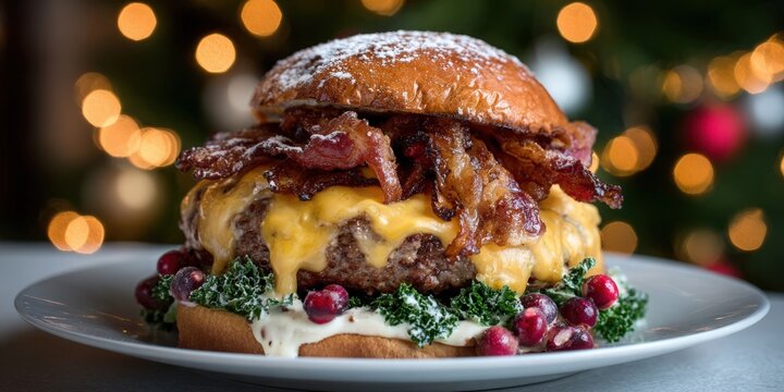 Gourmet Christmas Burger with Bacon and Cranberries on a Plate with Festive Bokeh Lights Background for Holiday Season Menu and Food Promotion