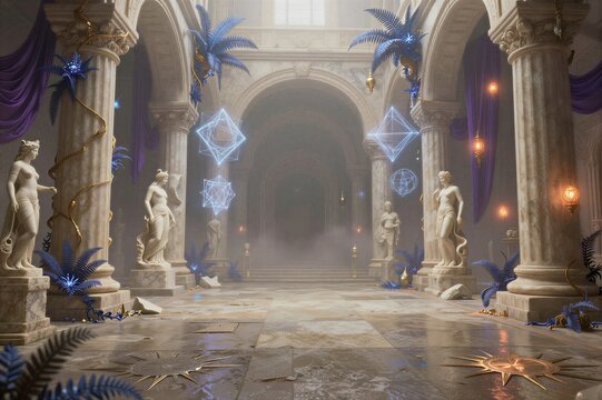 Classical statue hall with floating geometric lights and columns