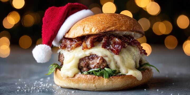 Gourmet bacon cheeseburger with melted cheese and fresh greens wearing a festive red Santa hat for Christmas holiday food promotion and celebration