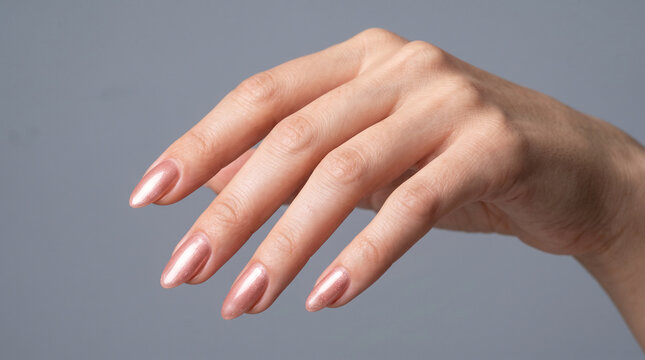Close-up of a woman's hand with polished nails, showcasing a shimmering rose gold color, symbolizing elegance and beauty, ideal for cosmetic or fashion themes