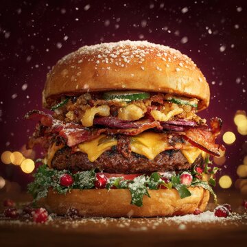 Gourmet Christmas burger with beef patty, melted cheese, crispy bacon, and festive garnishes served against a dark background with falling snow