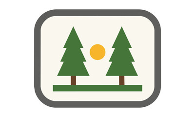Fototapeta premium Minimalist coniferous forest icon with stylized trees and sun inside a rounded rectangular frame isolated on a white background nature conservation concept