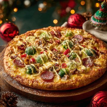 Christmas pizza with brussels sprouts and pepperoni on a wooden board with festive holiday decorations and blurred lights in the background