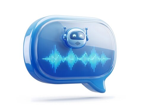 A 3d rendered speech bubble icon featuring a small cute robot head and a glowing blue digital audio waveform for voice recognition technology
