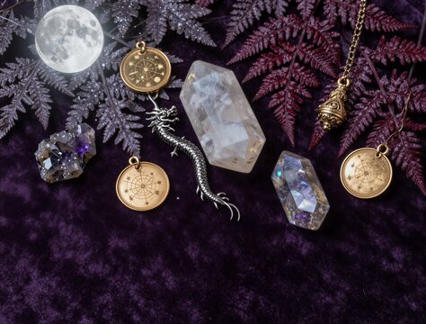 Crystal pendants and charms arranged on velvet with ferns