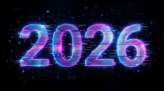 Neon number 2026 glowing with digital glitch effect, representing future technology and innovation, perfect for tech or science concepts.