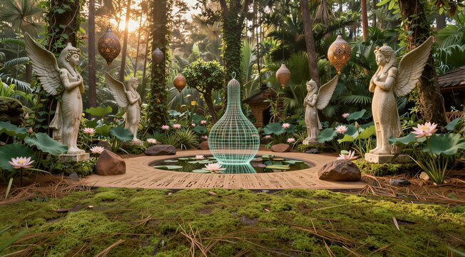 Stone angel statues surrounding holographic fountain in garden