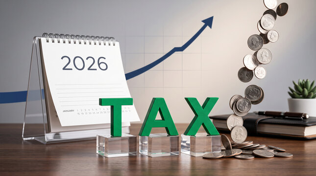 Green tax letters sit on clear blocks with a 2026 calendar and rising graph, symbolizing financial growth and tax planning