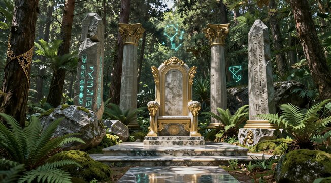 Golden throne set among ancient pillars in forest clearing