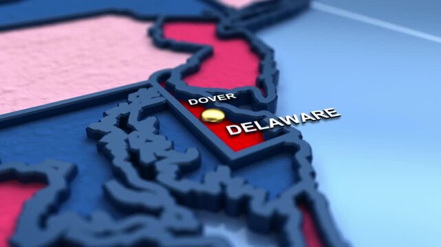 Looped 3D election map animation of the United States zooming into Delaware state, featuring red, blue, purple and green political outcome variations. 