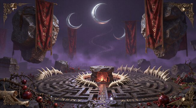 Ritual stone maze surrounded by floating rocks and banners at night