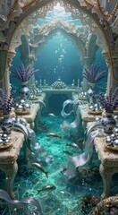 Obraz premium Ornate underwater corridor with vases and swimming fish