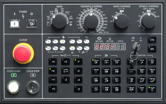 Control panel of modern metalworking machine tool equipped with buttons designed in style of keyboard, with labeled keys. tech industrial technology background