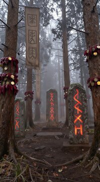 Runic stone pillars glowing in foggy ritual forest