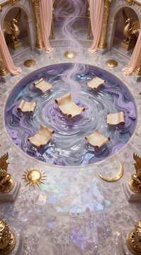 Circular marble pool with floating scrolls in ornate hall