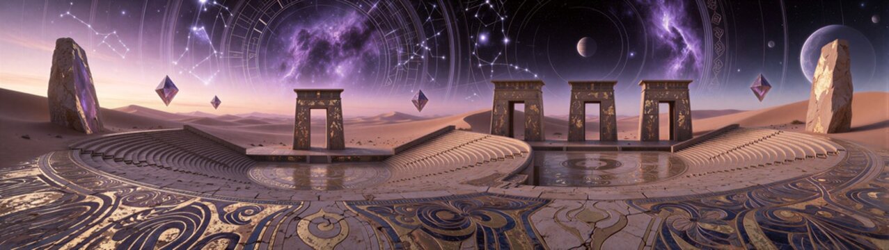 Ancient stone portals standing on patterned plaza under cosmos