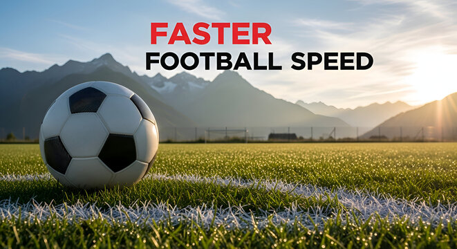 Soccer ball on green field with mountains, sunset, faster football speed