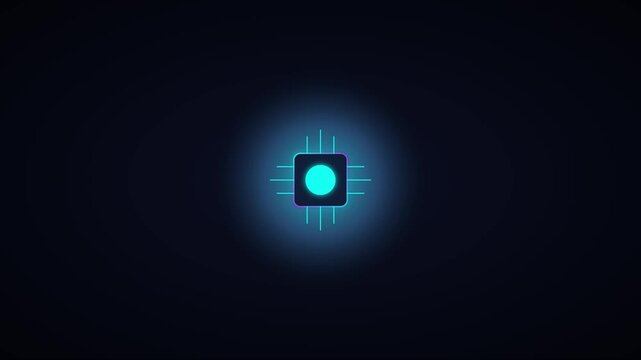 Glowing digital cpu processor chip animation with hud interface for technology and cyber security concepts 4k