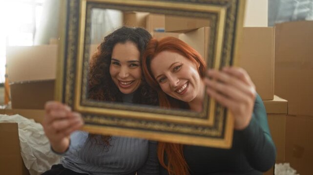 Woman holding ornate picture frame with hands, smiling two friends among moving boxes in building; friendship joy.