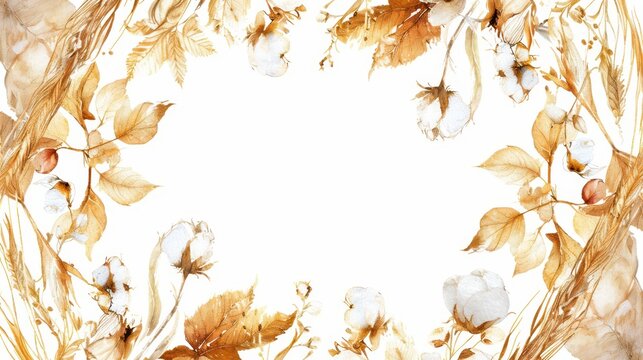 Autumn cotton and wheat wreath frame background with warm leaves for rustic fall invitation and card design. Horizontal banner. Copy space. Watercolor illustration