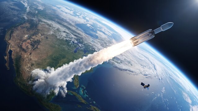 Space rocket launching into Earth orbit, cinematic digital illustration of orbital flight and aerospace technology
