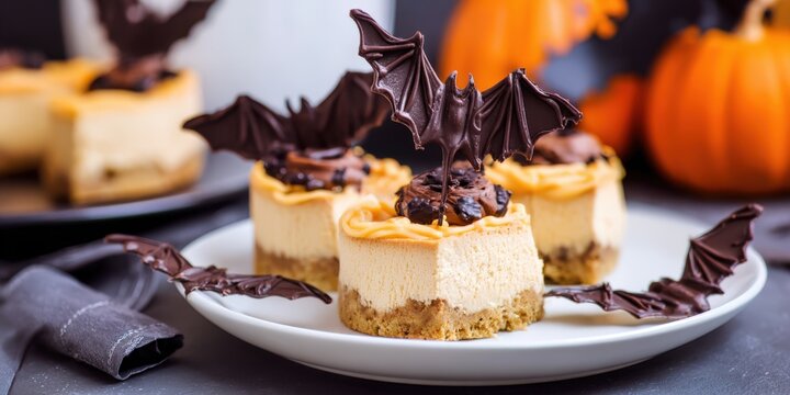 Halloween mini cheesecakes decorated with chocolate bats on a white plate for a festive holiday party dessert table with orange pumpkin decor