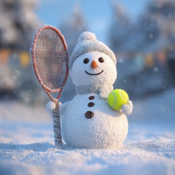 Cute snowman holding a tennis racket and a yellow ball standing in a snowy winter landscape for a fun seasonal sports concept or holiday greeting